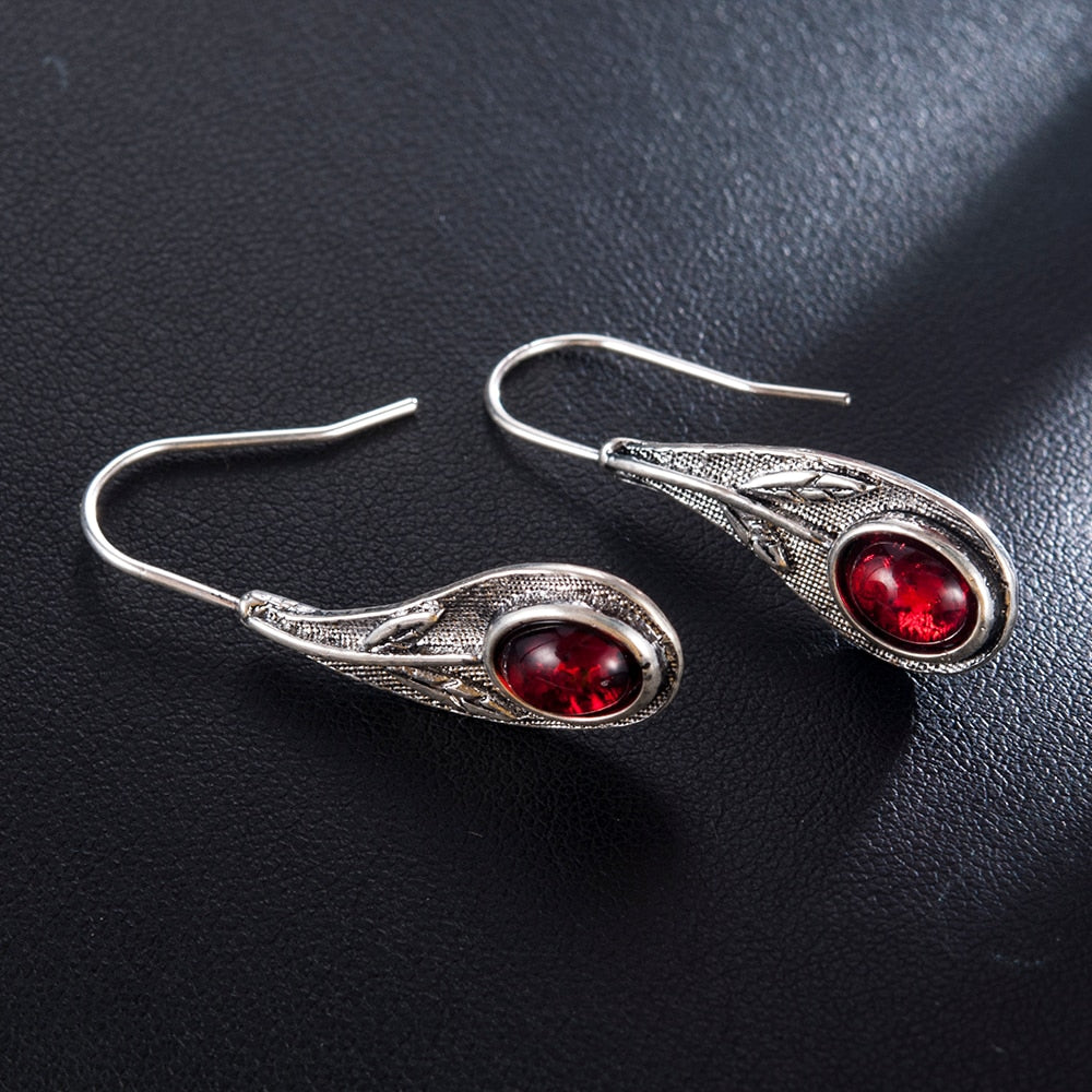 Red Gem Vintage Leaf Earrings