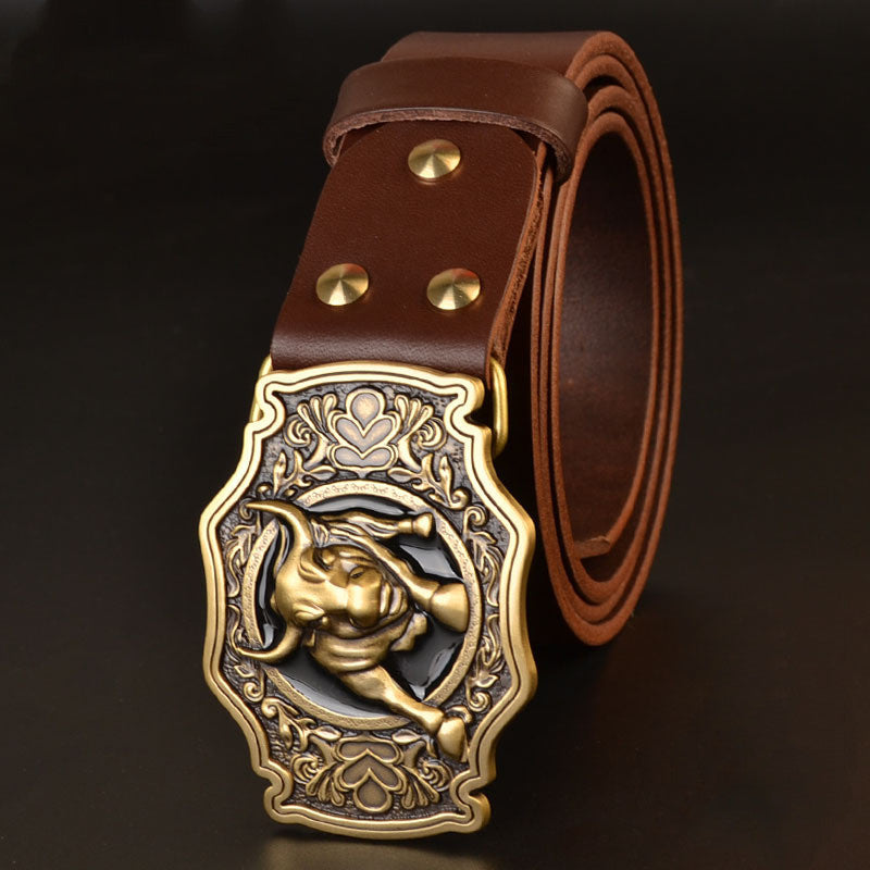 Men's Copper Buckle Head Layer Cowhide Plate Buckle Smooth Buckle Belt