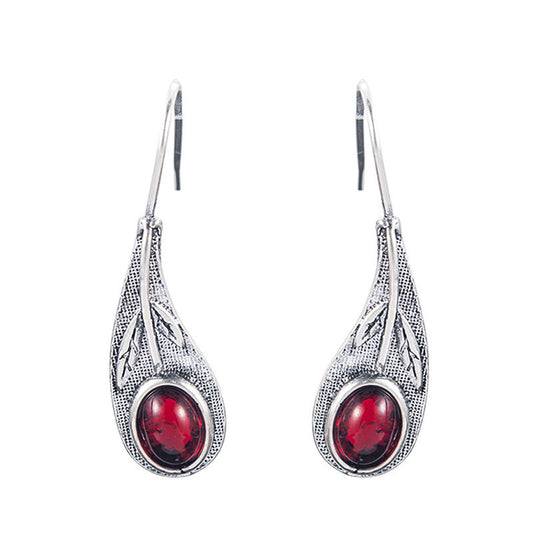 Red Gem Vintage Leaf Earrings