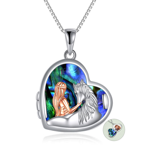 Horse And Girl Abalone Shellfish Heart Sterling Silver Photo Locket Necklace