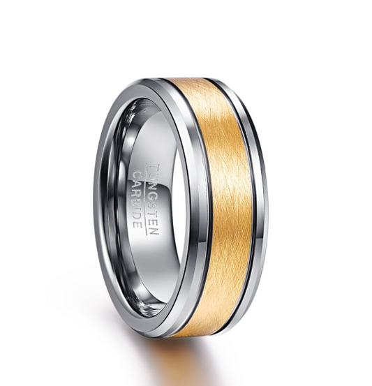 Men's 8MM Gold Color Brushed Center Two Grooves Tungsten Carbide Wedding Band Rings Beveled Edge