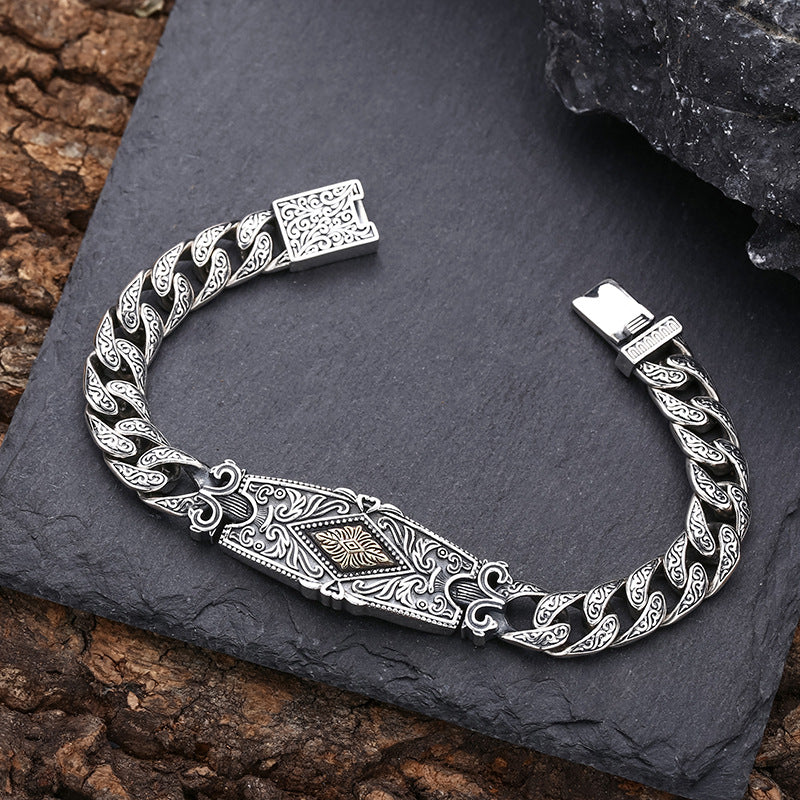 Sterling Silver Pattern Bracelet Tang Grass Men Thick Type