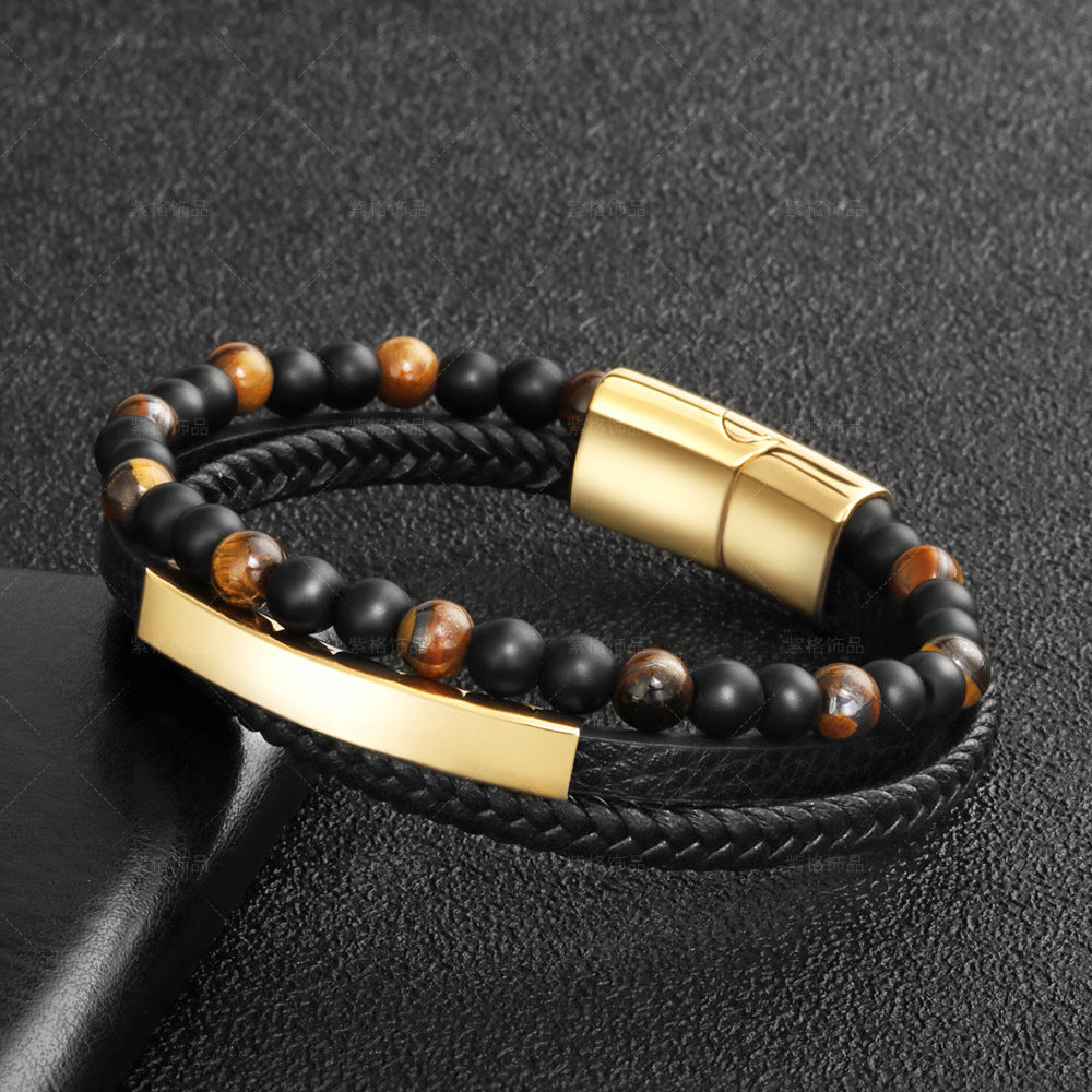 Natural Tiger Eye Stone Bead Bracelet Leather Cord Braided Bracelet