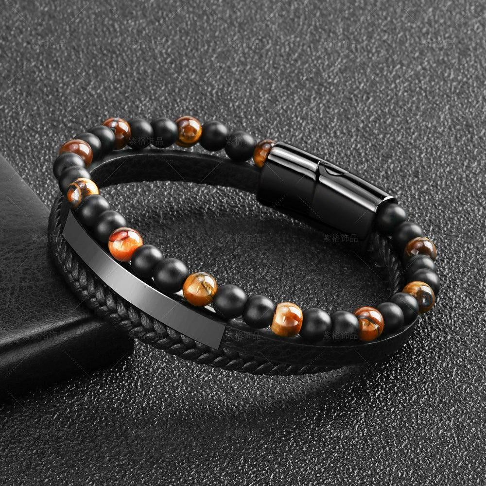 Natural Tiger Eye Stone Bead Bracelet Leather Cord Braided Bracelet