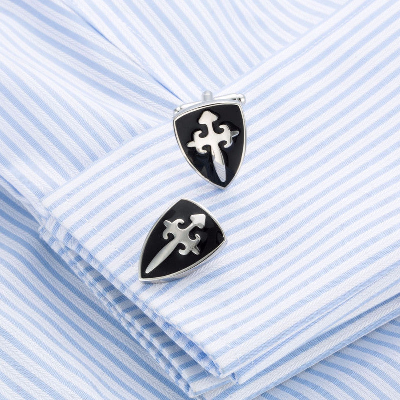 Paladin Black Enamel Shield Shaped French Cufflinks