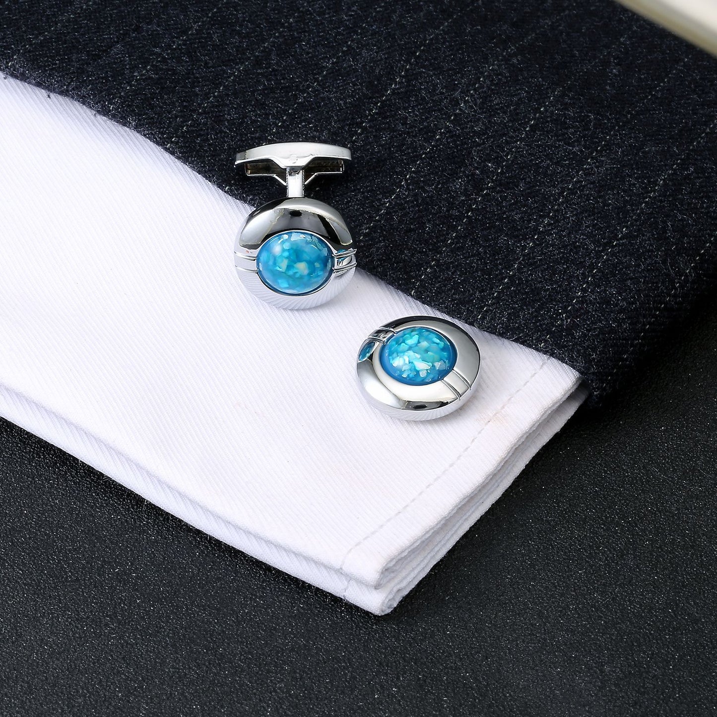 Round French Shirt Cufflinks Inlaid With Sky Blue Crystals