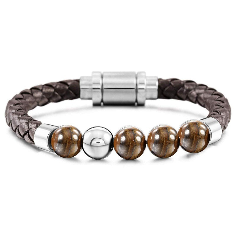 Stainless Steel Magnetic Clasp Genuine Leather Bracelet Stone Bracelet