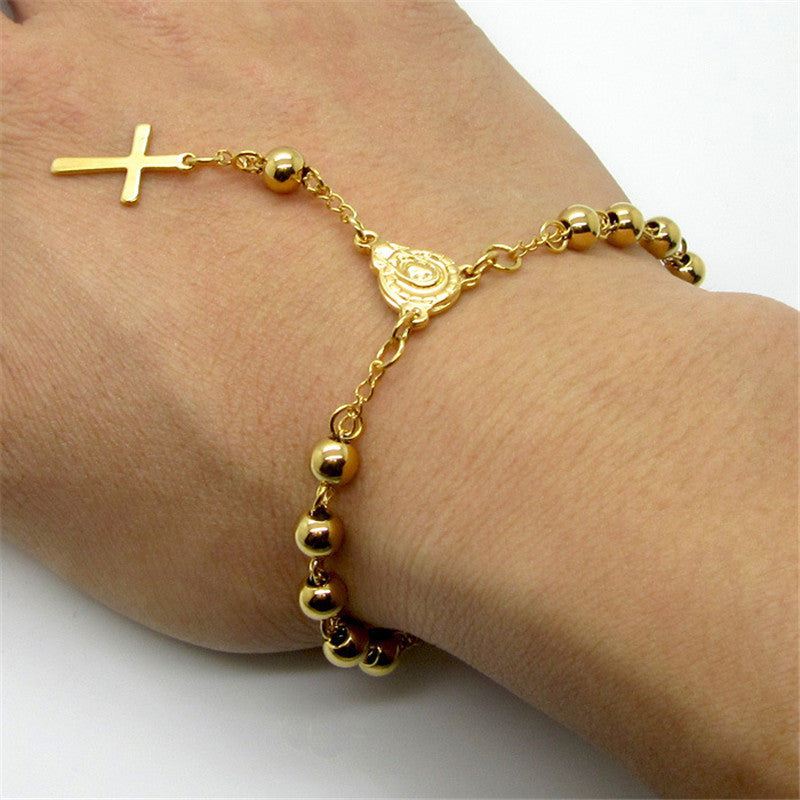 Stainless Steel Buddhist Bead Bracelet Cross Jesus Gold Bracelet