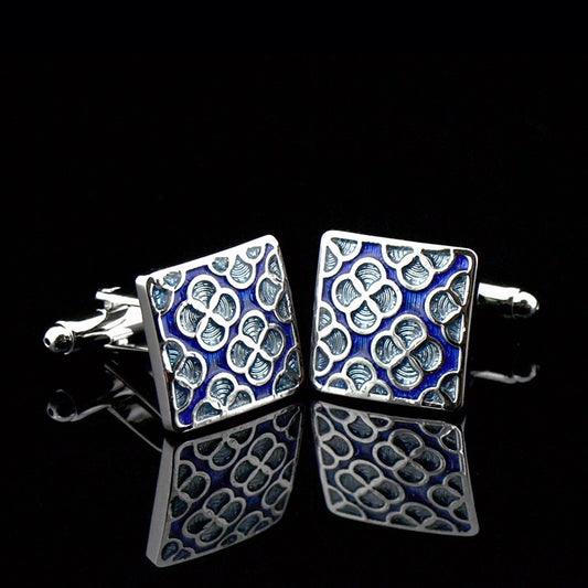 Four-Leaf Clover Cufflinks Sky Blue Enamel Square Pattern Men's French Buttons