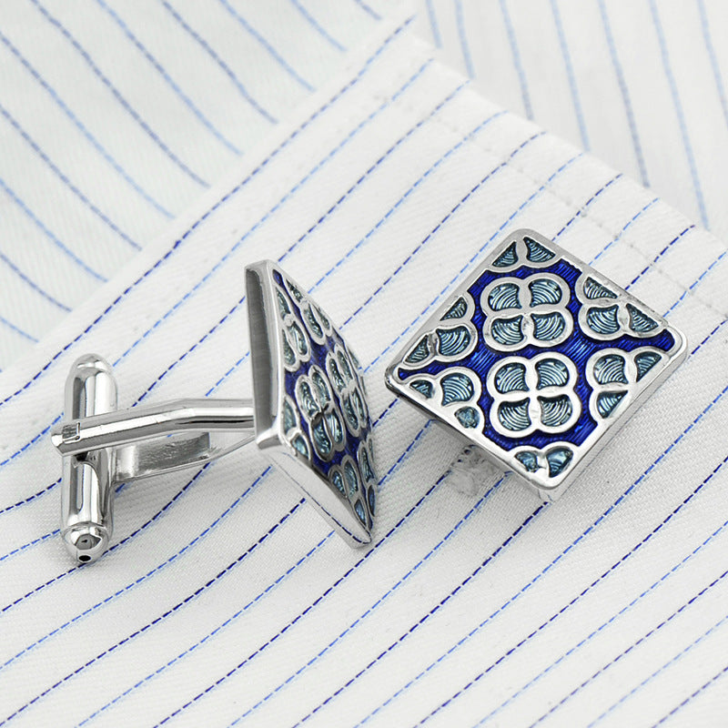 Four-Leaf Clover Cufflinks Sky Blue Enamel Square Pattern Men's French Buttons