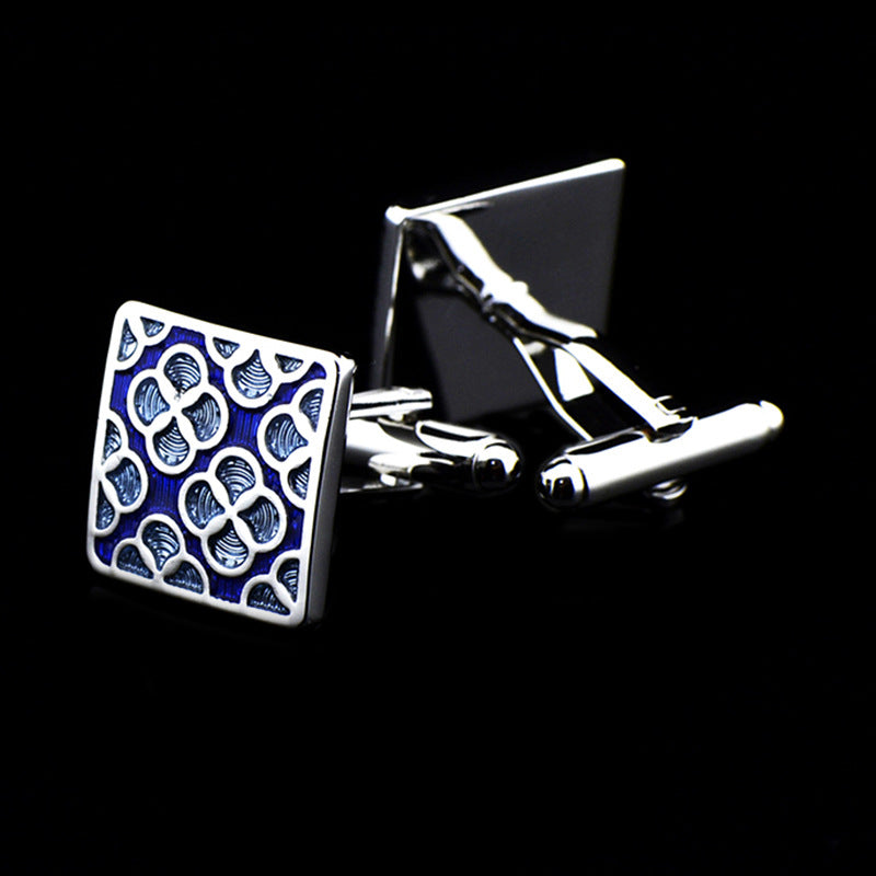 Four-Leaf Clover Cufflinks Sky Blue Enamel Square Pattern Men's French Buttons