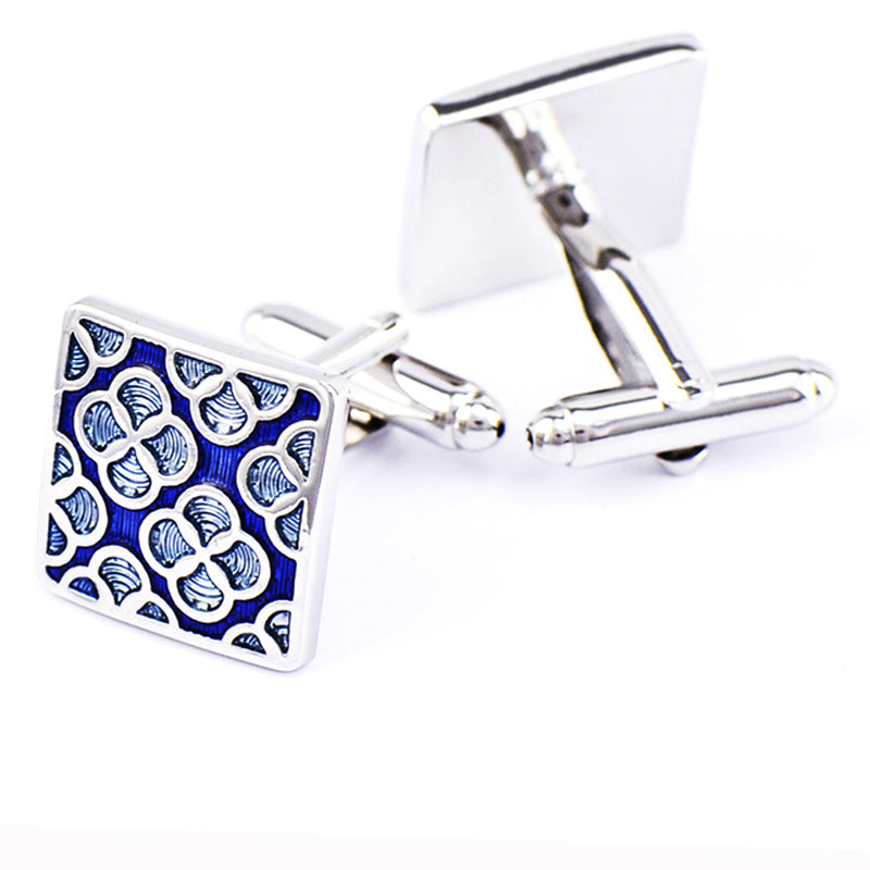 Four-Leaf Clover Cufflinks Sky Blue Enamel Square Pattern Men's French Buttons