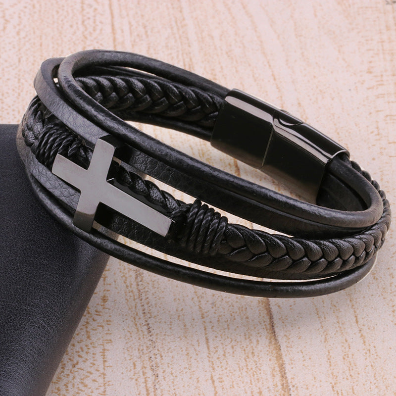 Men's Leather Bracelet Retro Multilayer Braided Titanium Steel Love Bracelet