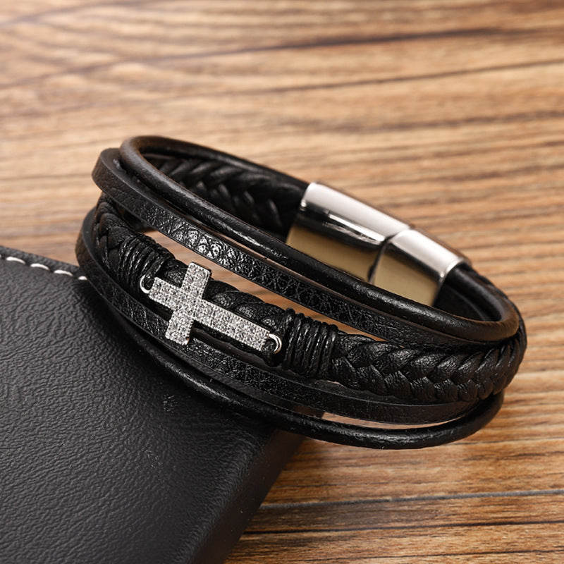 Men's Leather Bracelet Retro Multilayer Braided Titanium Steel Love Bracelet