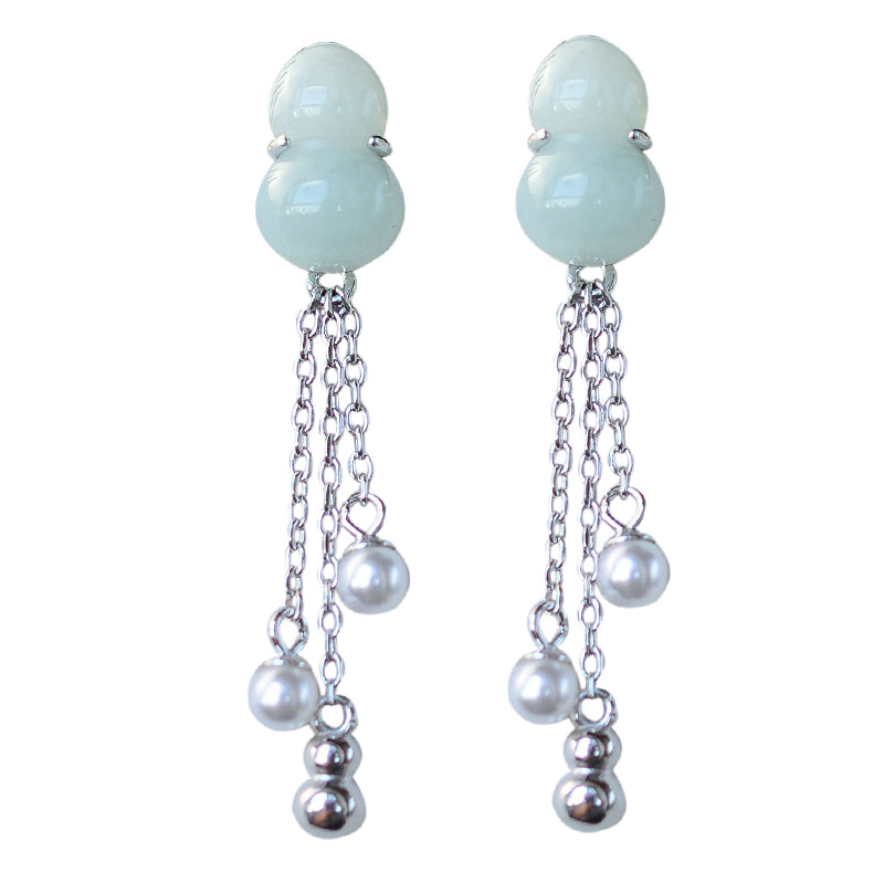 S925 Sterling Silver Natural Jade Gourd Fulu Tassel Temperament All-Match Lady Long Earrings