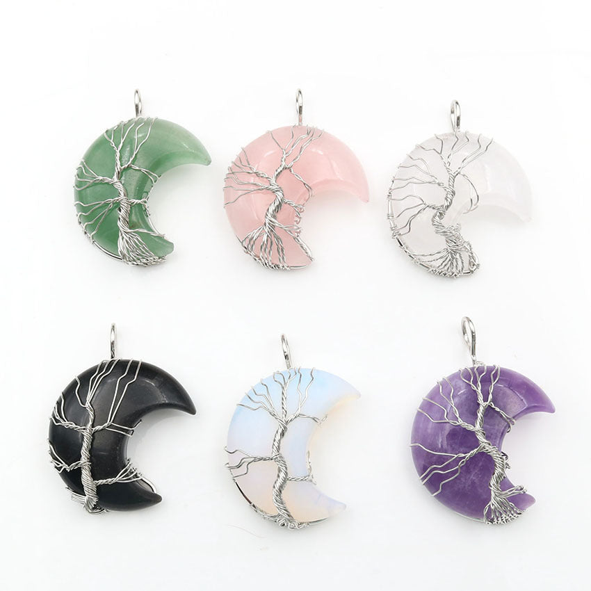 Cross-Border Hot Handmade Necklace Jewelry Moon Natural Crystal Stone Tree Of Life Jewelry Pendant Necklace Accessories