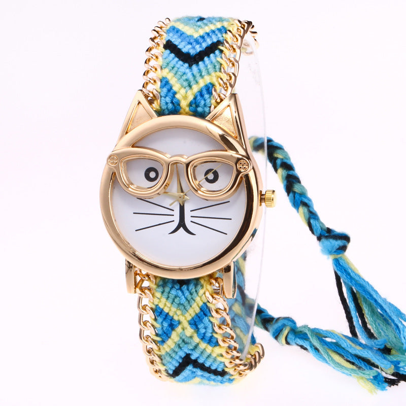 Diy Hand-Knitted Woolen Chain Ears Cat Face Glasses Watch Hot Ethnic Style Woven Ladies Bracelet Watch