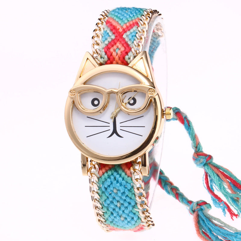 Diy Hand-Knitted Woolen Chain Ears Cat Face Glasses Watch Hot Ethnic Style Woven Ladies Bracelet Watch