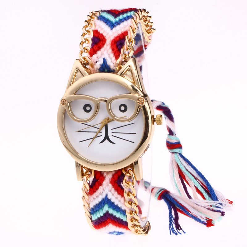 Diy Hand-Knitted Woolen Chain Ears Cat Face Glasses Watch Hot Ethnic Style Woven Ladies Bracelet Watch