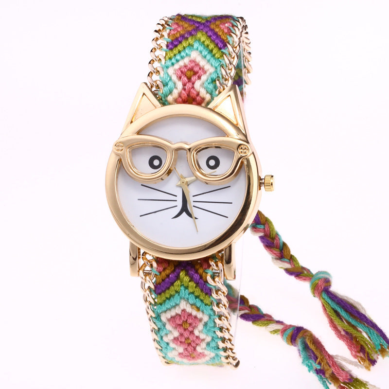 Diy Hand-Knitted Woolen Chain Ears Cat Face Glasses Watch Hot Ethnic Style Woven Ladies Bracelet Watch