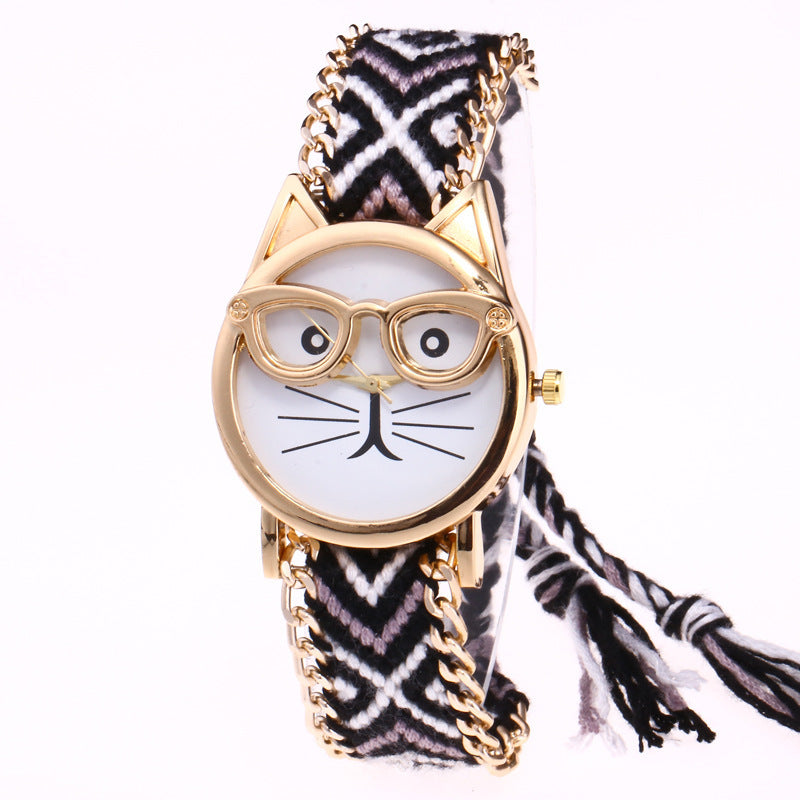 Diy Hand-Knitted Woolen Chain Ears Cat Face Glasses Watch Hot Ethnic Style Woven Ladies Bracelet Watch