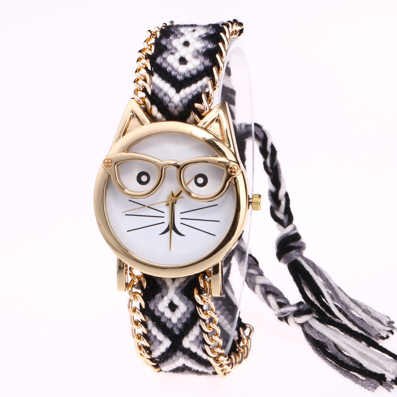 Diy Hand-Knitted Woolen Chain Ears Cat Face Glasses Watch Hot Ethnic Style Woven Ladies Bracelet Watch