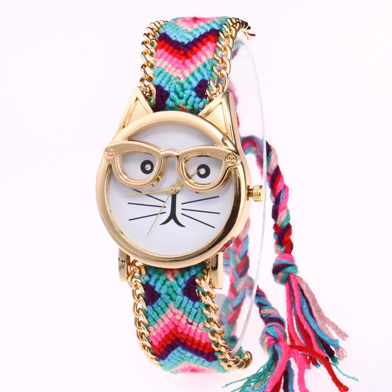 Diy Hand-Knitted Woolen Chain Ears Cat Face Glasses Watch Hot Ethnic Style Woven Ladies Bracelet Watch