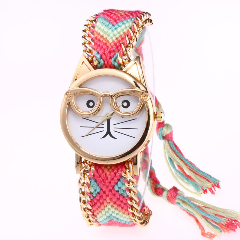 Diy Hand-Knitted Woolen Chain Ears Cat Face Glasses Watch Hot Ethnic Style Woven Ladies Bracelet Watch