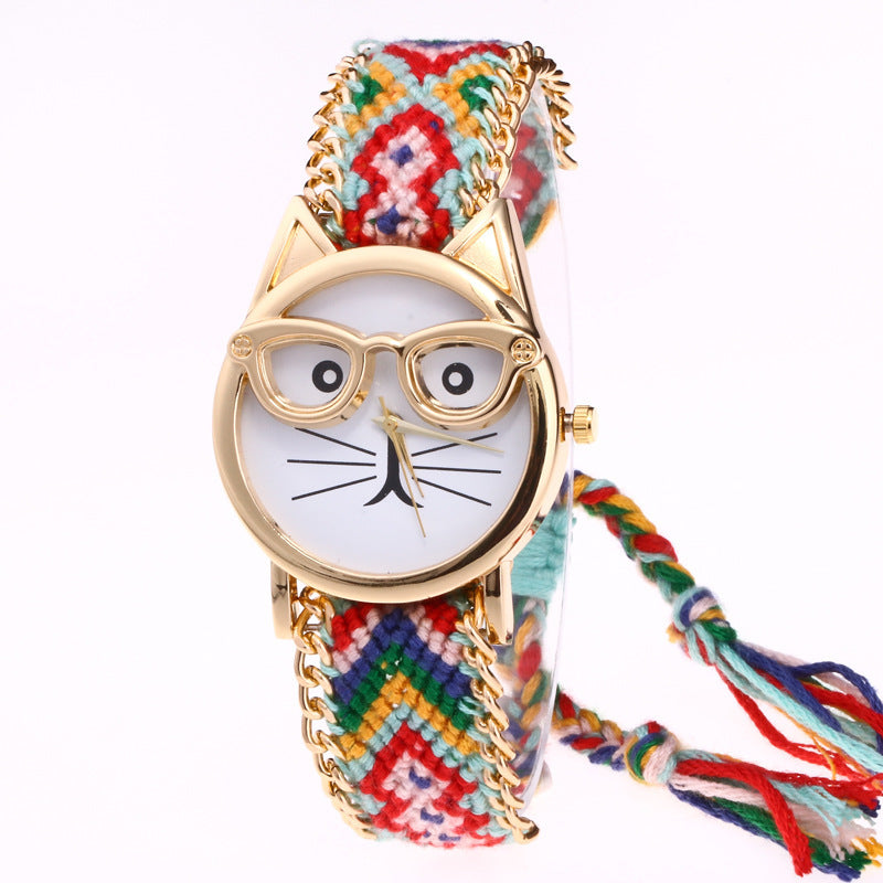 Diy Hand-Knitted Woolen Chain Ears Cat Face Glasses Watch Hot Ethnic Style Woven Ladies Bracelet Watch