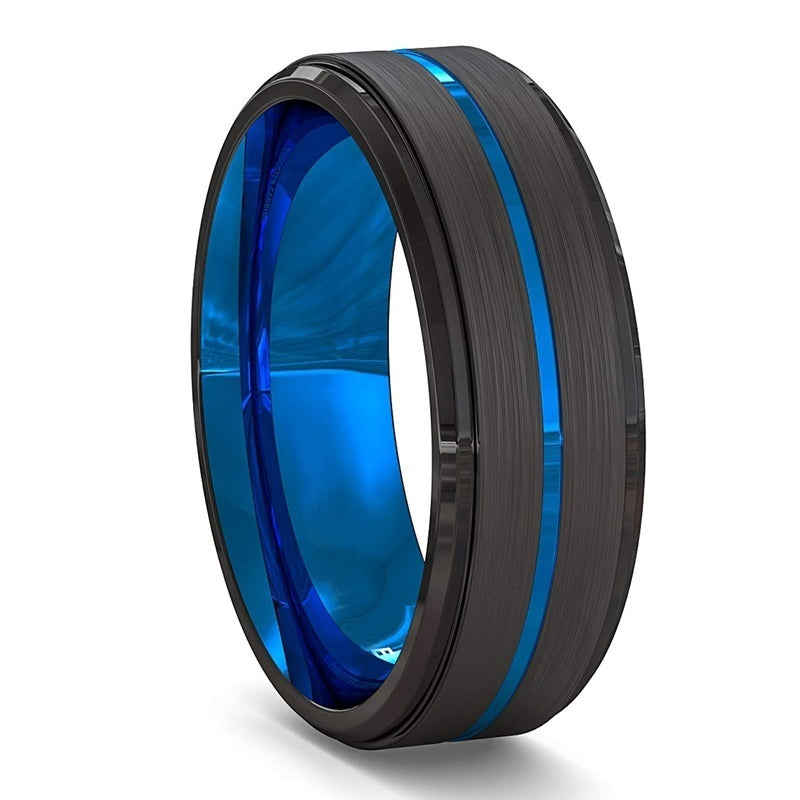 Two-Tone Men's Jewelry 8MM Wide Slotted Blue And Black Tungsten Steel Ring Jewelry