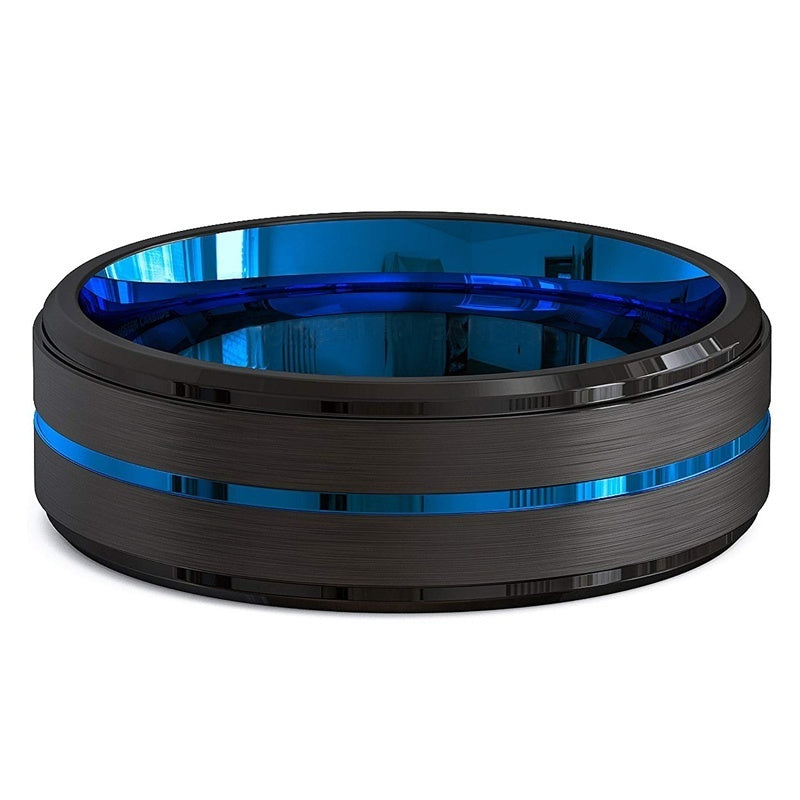 Two-Tone Men's Jewelry 8MM Wide Slotted Blue And Black Tungsten Steel Ring Jewelry