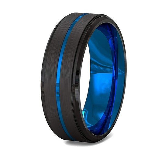 Two-Tone Men's Jewelry 8MM Wide Slotted Blue And Black Tungsten Steel Ring Jewelry