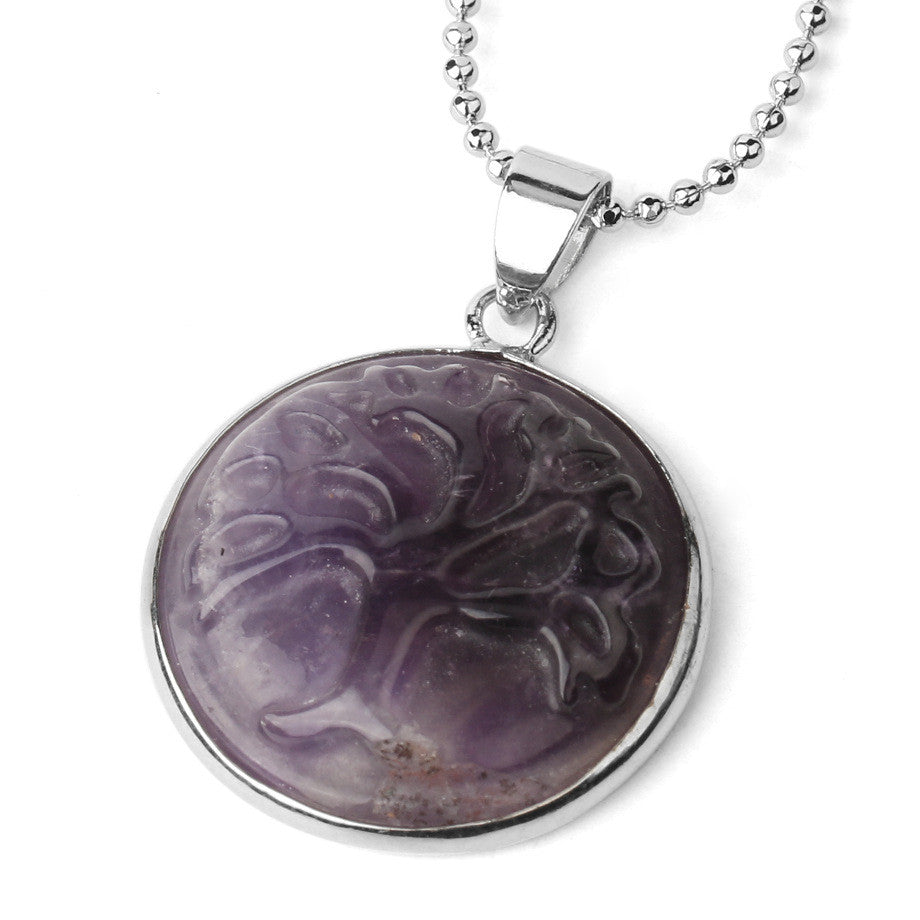 Tree Of Life Carved Natural Stone Pendant Necklace Round Bead Quartz Purple Crystal Reiki Feminine Jewelry