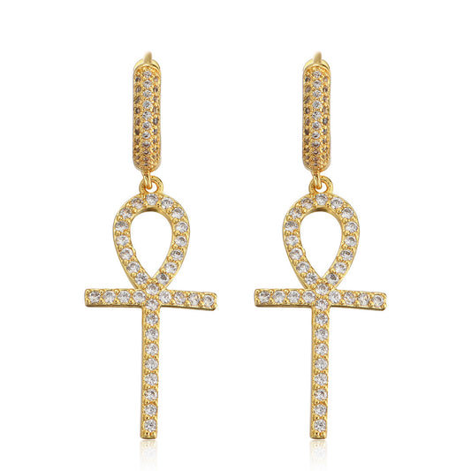 The Hot Anhe Key Cross Earrings Hip-Hop Men and Women Full Of Zircon Trendy Brand Personality Hip-Hop Earrings