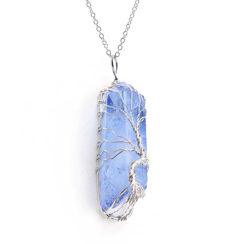 Dyed Natural White Crystal Column Tree Of Life Pendant Necklace