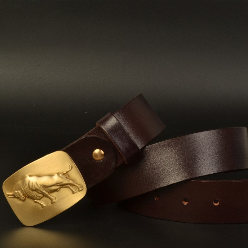 Top Layer Cowhide Vegetable Tanned Leather Belt Double-Sided Dyed Men's Formal Dress Solid Pure Brass Smooth Buckle Belt