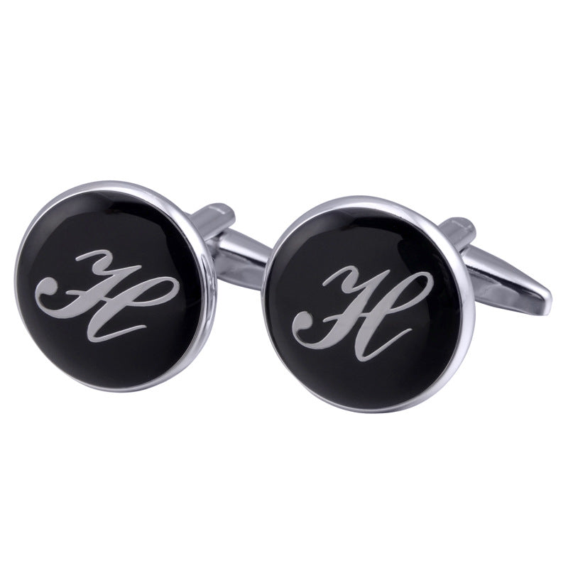 French Cufflinks Black Round Enamel Traditional Letter Cufflinks