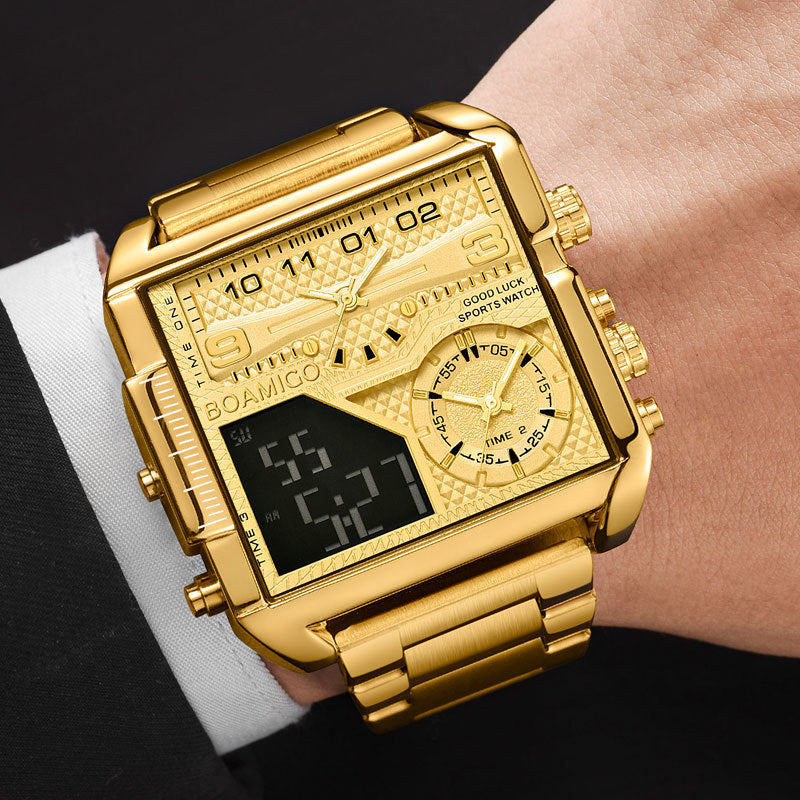 Boamigo Hot Top Brand Luxury Fashion Men Watches Gold Stainless Steel Sport Square Digital Analog Big Quartz Watch For Men