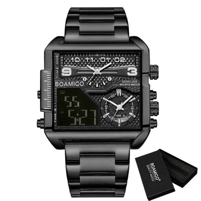 Boamigo Hot Top Brand Luxury Fashion Men Watches Gold Stainless Steel Sport Square Digital Analog Big Quartz Watch For Men