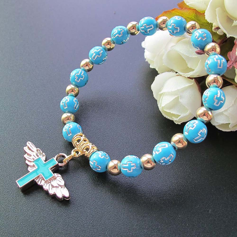 Bronzing Acrylic Cross Bead Bracelet Oil Drop Angel Cross Rosary Bracelet