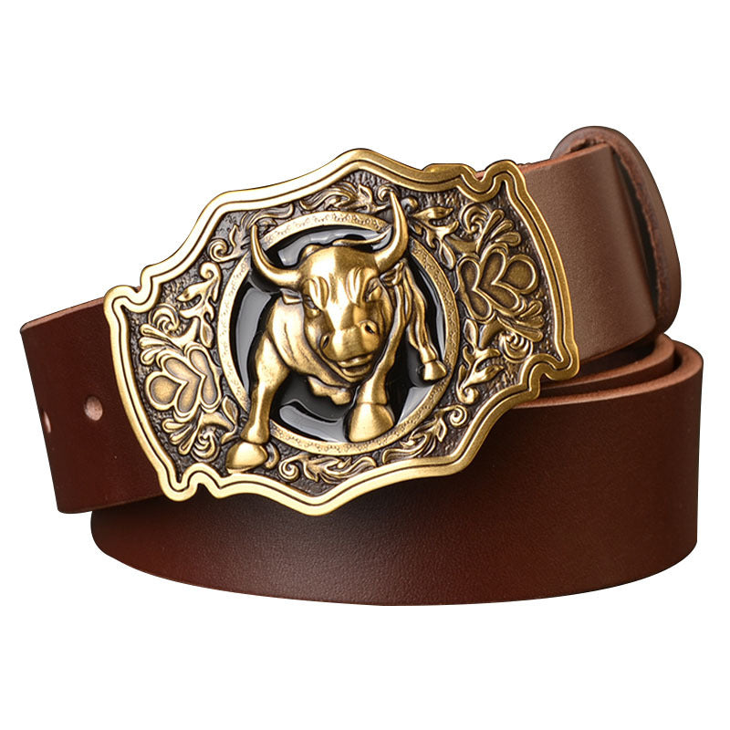 Men's Copper Buckle Head Layer Cowhide Plate Buckle Smooth Buckle Belt