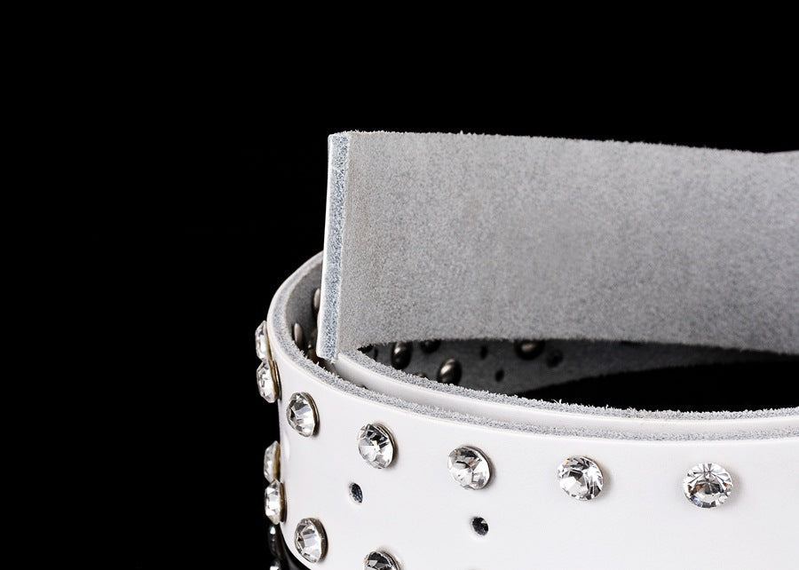 Leather Ladies Belt With Diamond-Studded Cowhide Pin Buckle