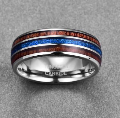 Hawaiian Koa Wood and Blue Vermiculite Tungsten Ring - A Stunning Piece of Art