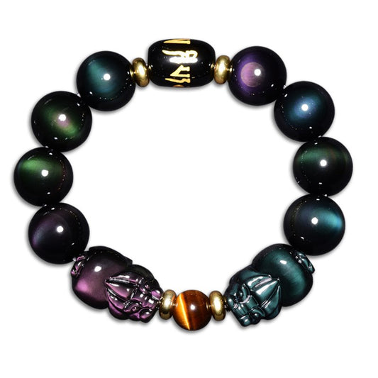 Natural Double Rainbow Eye Obsidian Bead Bracelet - Crystal Couple's Jewelry for Men and Women