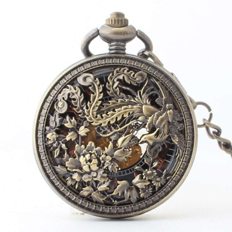 Fashion Hollowed-Out Carved Phoenix Pattern Automatic Mechanical Large Pocket Watch