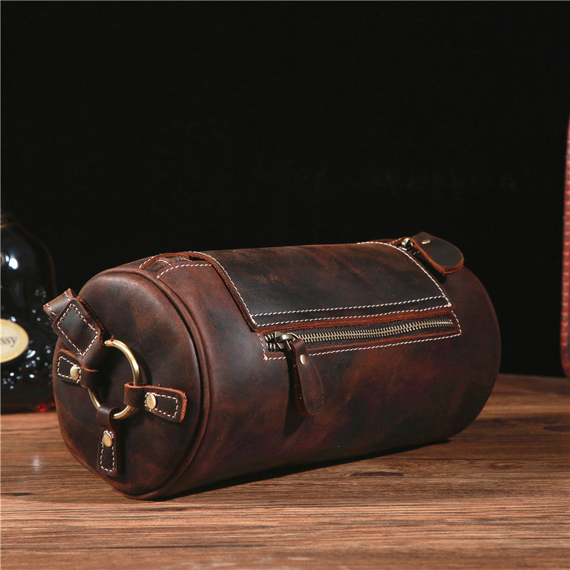 Retro Crazy Horse Leather Round Barrel Genuine Leather Shoulder Men's Messenger Bag