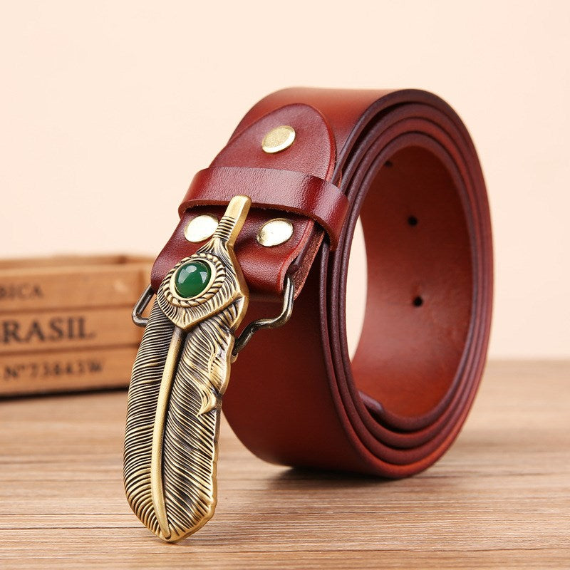 Men's First Layer Cowhide One-Leaf Flat Boat Belt With Copper Plate Buckle