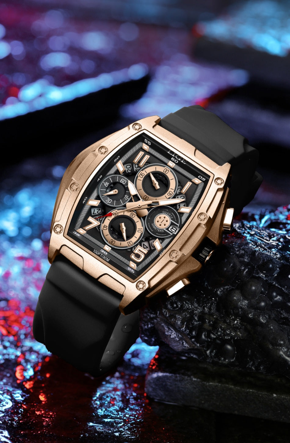 Men's Multi-Functional Waterproof Calendar Sports Wine Barrel Curved Mirror Hollow Watch