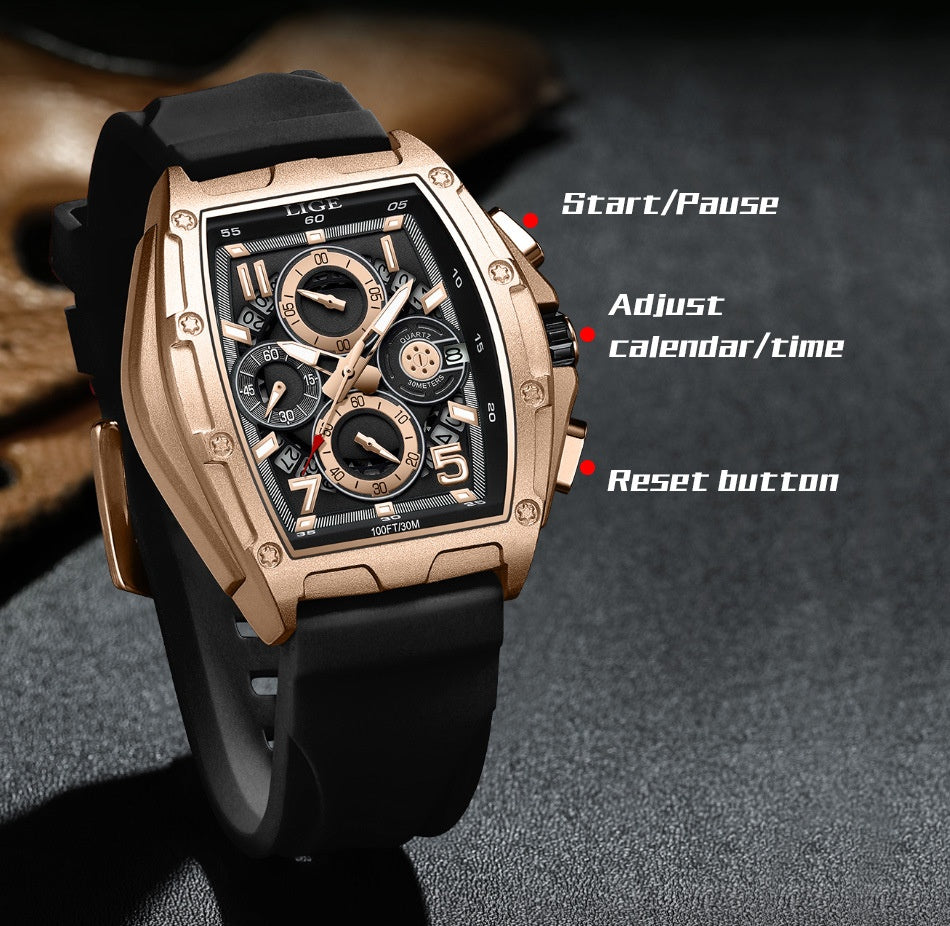 Men's Multi-Functional Waterproof Calendar Sports Wine Barrel Curved Mirror Hollow Watch