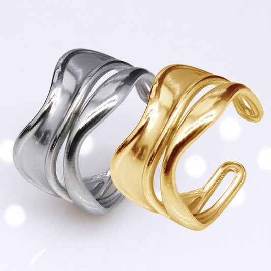 Pleated Hollow Ornament Hip Hop Cold Titanium Steel Women's Open Adjustable Ring